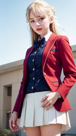 masterpiece, best quality, highres, 1girl, solo, long hair, blonde hair, hair ribbon, bangs, blue eyes, blue bowtie, collared shirt, blazer, red jacket, long sleeves, pleated skirt, white skirt, standing, cowboy shot, outdoors, smile