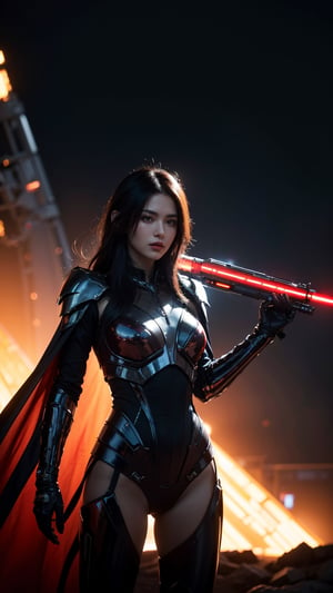 Red Riding Hood as a space warrior in the sci-fi rendition of Luis Royo's style, with intricate designs on her futuristic red cloak and armor. The image showcases her wielding high-tech weaponry, possibly a heavy laser rifle or a plasma blade, with detailed textures that hint at advanced alien technology. The lighting accentuates her form, with sharp contrasts and vibrant neon highlights that give a sense of depth and dynamism. She stands in an assertive pose, exuding confidence and a readiness to engage in galactic combat. The background is rich with sci-fi elements, such as hovering spaceships, distant planets, and a starfield that complements the interstellar theme. The color palette is a mixture of dark tones and metallic shades, which, along with the strategic use of light and shadow, creates an atmospheric and immersive scene