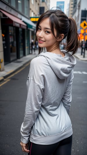 photo of a beautiful girl wearing casual shirt with a hoodie and leggings, city street, messy medium hair, slim body, view from back, medium upper body shot, looking at the camera, cute smile, shallow depth of field
