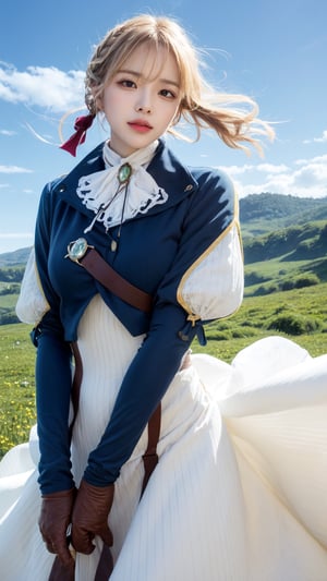 masterpiece, best quality, highres, violet evergarden, braid, hair ribbon, red ribbon, jewelry, white ascot, brooch, blue jacket, long sleeves, brown gloves, white dress, long dress, outdoors, field, hand on own chest, wind, floating hair, standing, cowboy shot,