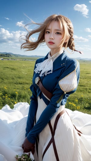 masterpiece, best quality, highres, violet evergarden, braid, hair ribbon, red ribbon, jewelry, white ascot, brooch, blue jacket, long sleeves, brown gloves, white dress, long dress, outdoors, field, hand on own chest, wind, floating hair, standing, cowboy shot,