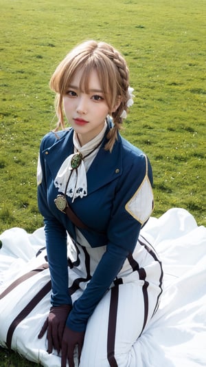 masterpiece, best quality, highres, violet evergarden, braid, hair ribbon, red ribbon, jewelry, white ascot, brooch, blue jacket, long sleeves, brown gloves, white dress, long dress, wariza, hand on own chest, grass, field, flower