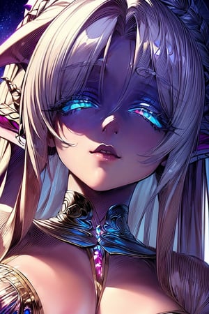 masterpiece,best quality,ultra-detailed),High detailed,picture perfect face, perfect ratio,upper_body, 1girl, white hair, braided_hair,AGGA_ST017, squinted eyes, ,nightelf, grey skin, blue eyes