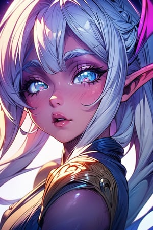 masterpiece,best quality,ultra-detailed),High detailed,picture perfect face, perfect ratio, upper_body, 1girl, white hair, braided_hair,AGGA_ST017, squinted eyes, ,nightelf, grey skin, blue eyes, white hair