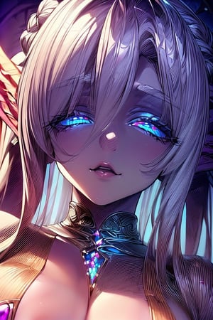 masterpiece,best quality,ultra-detailed),High detailed,picture perfect face, perfect ratio, upper_body, 1girl, white hair, braided_hair,AGGA_ST017, squinted eyes, ,nightelf, grey skin, blue eyes, white hair