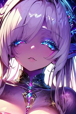 masterpiece,best quality,ultra-detailed),High detailed,picture perfect face, perfect ratio, upper_body, 1girl, white hair, braided_hair,AGGA_ST017, squinted eyes, ,nightelf, grey skin, blue eyes, white hair