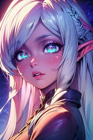 masterpiece,best quality,ultra-detailed),High detailed,picture perfect face, perfect ratio, upper_body, 1girl, white hair, braided_hair,AGGA_ST017, squinted eyes, ,nightelf, grey skin, blue eyes, white hair