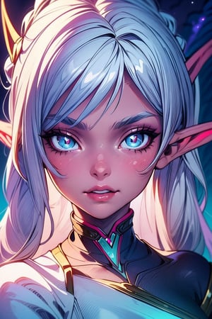 masterpiece,best quality,ultra-detailed),High detailed,picture perfect face, perfect ratio, upper_body, 1girl, white hair, braided_hair,AGGA_ST017, squinted eyes, ,nightelf, grey skin, blue eyes, white hair