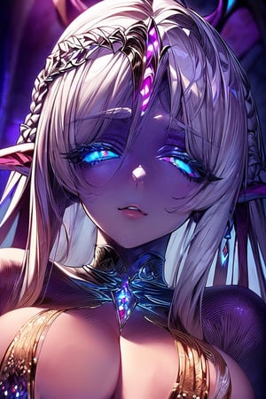 masterpiece,best quality,ultra-detailed),High detailed,picture perfect face, perfect ratio,upper_body, 1girl, white hair, braided_hair,AGGA_ST017, squinted eyes, ,nightelf, grey skin, blue eyes, white hair