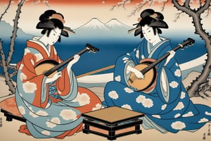 japanese courtesans playing a shamisen,  sitting on fine cushions, woodblock print style of hokusai fine art style of kanagawa painting