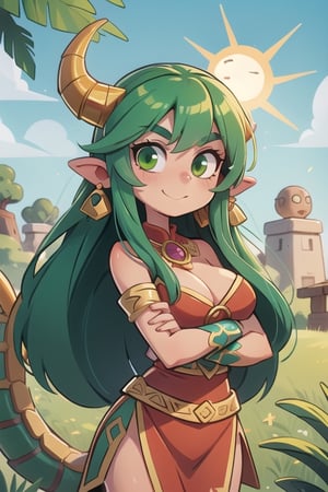 1 woman powerful Aztec dragon goddess of the sun, quetzalcoatl, red clothes with green details, green hair, golden eyes, long hair, loose hair, straight hair, golden horns, dragon tail, hapy face, big chest