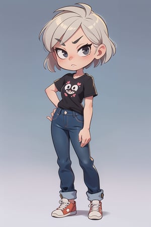 A beautifull rude girl, short grey hair, jeans autfit, full body, chibi, rude face