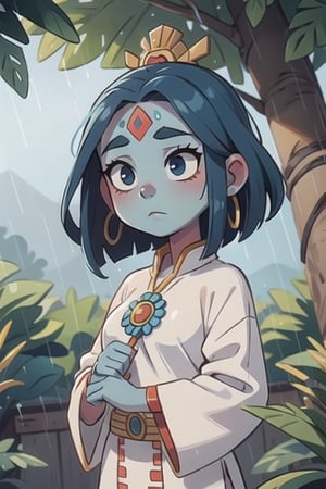 an Aztec rain goddess, blue skin, serene face, white clothes, bare forehead, short hair