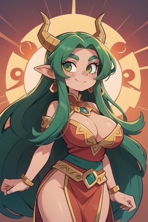 1 woman powerful Aztec dragon goddess of the sun, quetzalcoatl, red clothes with green details, green hair, golden eyes, long hair, loose hair, straight hair, golden horns, dragon tail, hapy face, big chest