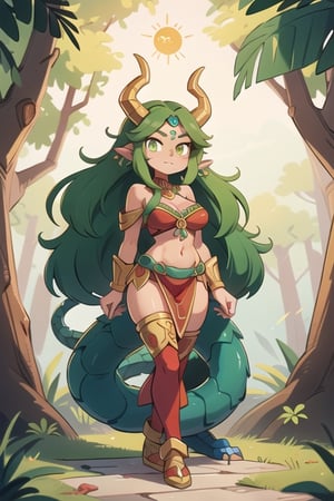 1 sexy powerful Aztec dragon goddess of the sun, quetzalcoatl, red clothes with green details, green hair, golden eyes, long hair, loose hair, straight hair, golden horns, big woman
dragon tail