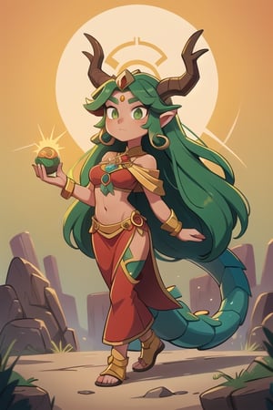 1 woman powerful Aztec dragon goddess of the sun, quetzalcoatl, red clothes with green details, green hair, golden eyes, long hair, loose hair, straight hair, golden horns, dragon tail