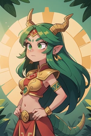 1 powerful Aztec dragon goddess of the sun, quetzalcoatl, red clothes with green details, green hair, golden eyes, long hair, loose hair, straight hair, golden horns, dragon tail