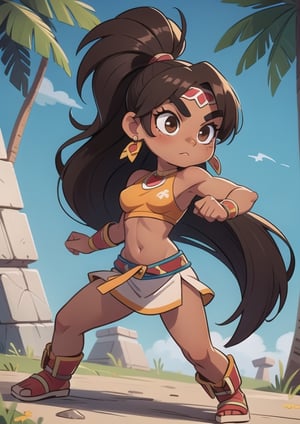 2.5D, an aztec fighting girl, perfect body, full body, black skin,
long hair, ponytail, brown hair
 

