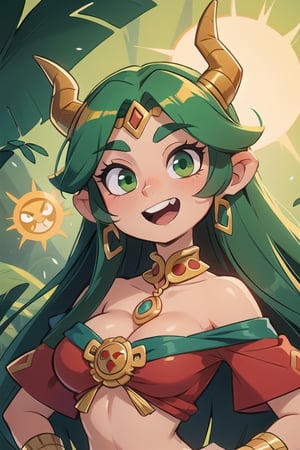 1 woman powerful Aztec dragon goddess of the sun, quetzalcoatl, red clothes with green details, green hair, golden eyes, long hair, loose hair, straight hair, golden horns, dragon tail, hapy face,