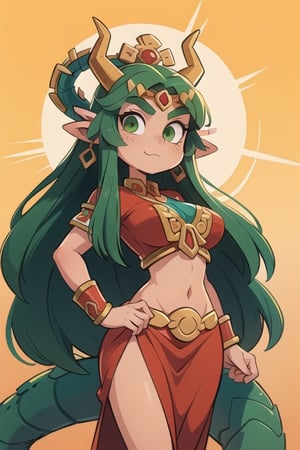 1 woman powerful Aztec dragon goddess of the sun, quetzalcoatl, red clothes with green details, green hair, golden eyes, long hair, loose hair, straight hair, golden horns, dragon tail, hapy face, big chest