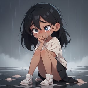 2.5D, a  beautiful girl crying on her knees  with her hands and head on the ground, (black skin color), black hair, sad, crying, rainy background