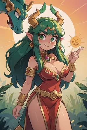 1 powerful Aztec dragon goddess of the sun, quetzalcoatl, red clothes with green details, green hair, golden eyes, long hair, loose hair, straight hair, golden horns, dragon tail, hapy face, big tits, big but