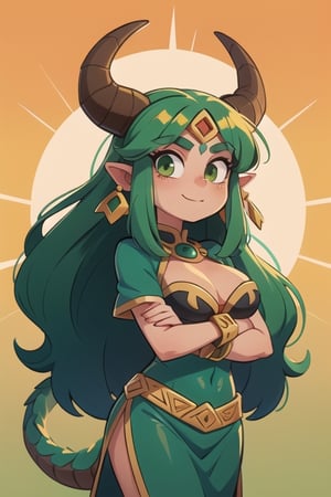 1 woman powerful Aztec dragon goddess of the sun, quetzalcoatl, red clothes with green details, green hair, golden eyes, long hair, loose hair, straight hair, golden horns, dragon tail, hapy face, big chest