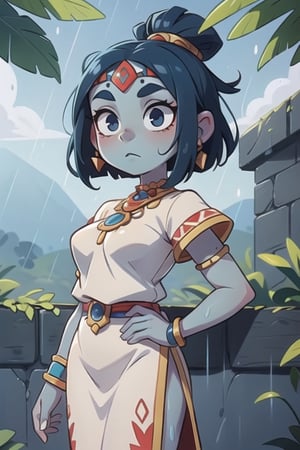 an Aztec goddess of rain, blue skin, serene face, white clothes, bare forehead, short hair, with a blue rhombus in the middle of the forehead