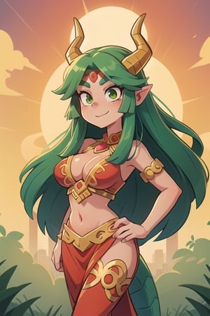 1 woman powerful Aztec dragon goddess of the sun, quetzalcoatl, red clothes with green details, green hair, golden eyes, long hair, loose hair, straight hair, golden horns, dragon tail, hapy face, big chest