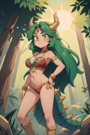 1 sexy powerful Aztec dragon goddess of the sun, Quetzalcoathl, red clothes with green details, green hair, golden eyes, long hair, loose hair, straight hair, golden horns, 
dragon tail