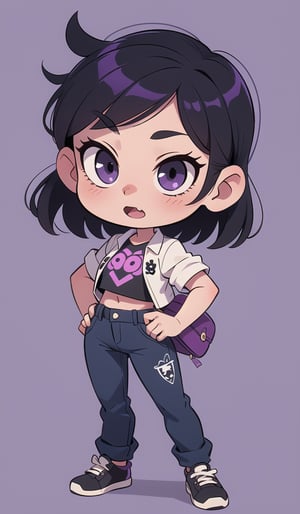 A beautifull punk girl, purple and black hair, dark autfit, full body, chibi, crazy face