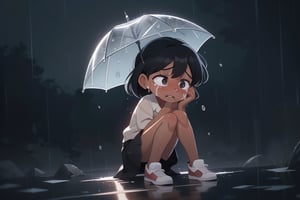 2.5D, a  beautiful girl crying on her knees  with her hands and head on the ground, (black skin color), black hair, sad, crying, rainy background