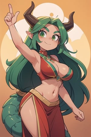 1 woman powerful Aztec dragon goddess of the sun, quetzalcoatl, red clothes with green details, green hair, golden eyes, long hair, loose hair, straight hair, golden horns, dragon tail, hapy face, big tits, big but