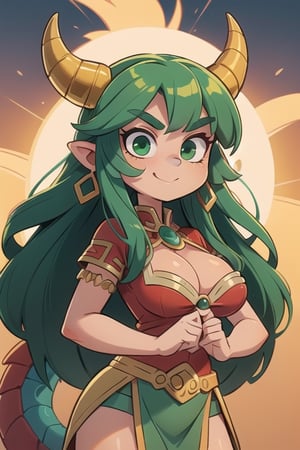 1 woman powerful Aztec dragon goddess of the sun, quetzalcoatl, red clothes with green details, green hair, golden eyes, long hair, loose hair, straight hair, golden horns, dragon tail, hapy face, big chest