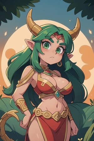 1 sexy powerful Aztec dragon goddess of the sun, Quetzalcoathl, red clothes with green details, green hair, golden eyes, long hair, loose hair, straight hair, golden horns, 
dragon tail
