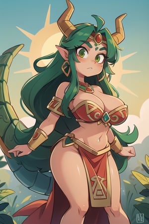 1 sexy powerful Aztec dragon goddess of the sun, quetzalcoatl, red clothes with green details, green hair, golden eyes, long hair, loose hair, straight hair, golden horns, big woman
dragon tail