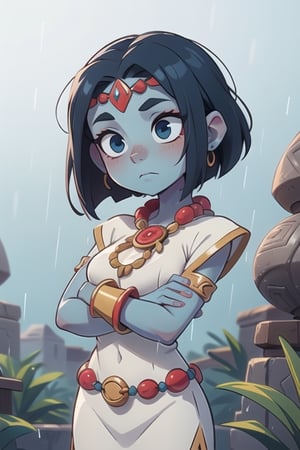 an Aztec goddess of rain, blue skin, serene face, white clothes, bare forehead, short hair