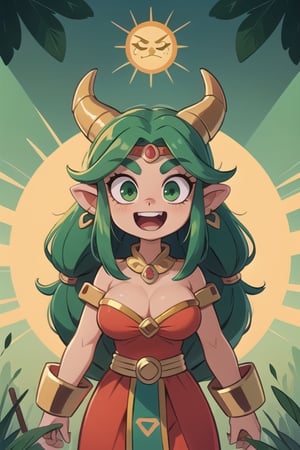 1 excited powerful Aztec dragon goddess of the sun, quetzalcoatl, red clothes with green details, green hair, golden eyes, long hair, loose hair, straight hair, golden horns, dragon tail, hapy face, big tits, big but