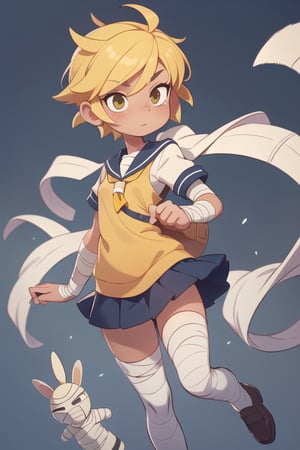 2.5D, beautiful short mummy girl, short yellow hair, covered in bandages, wearing school uniform