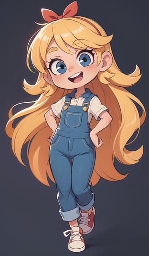 a beautifull silly girl, blonde, colorful overalls clothes, full body, chibi, hapy face