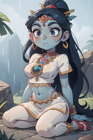an Aztec goddess of rain, blue skin, serene face, white clothes, bare forehead