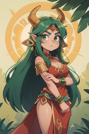 1 woman powerful Aztec dragon goddess of the sun, quetzalcoatl, red clothes with green details, green hair, golden eyes, long hair, loose hair, straight hair, golden horns, dragon tail