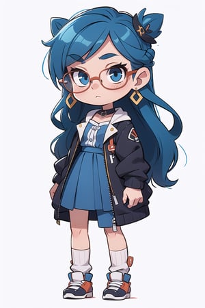 A artistic music girl, glasses, blue hair, chibi