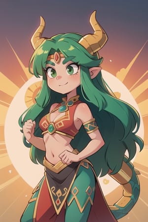 1 woman powerful Aztec dragon goddess of the sun, quetzalcoatl, red clothes with green details, green hair, golden eyes, long hair, loose hair, straight hair, golden horns, dragon tail, hapy face, big chest