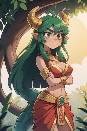 1 sexy powerful Aztec dragon goddess of the sun, Quetzalcoathl, red clothes with green details, green hair, golden eyes, long hair, loose hair, straight hair, golden horns, 
dragon tail