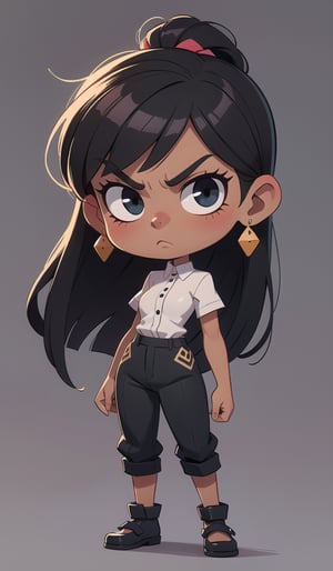 A beautifull black tanned skin girl, elegant clothes, dark autfit, full body, chibi, serious face, ebony