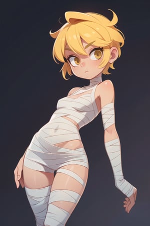 2.5D, beautiful short mummy girl, short yellow hair, covered in bandages