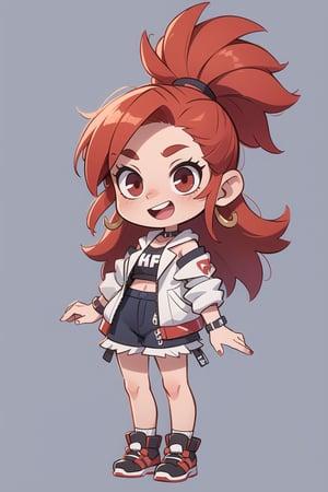 a rockstar punk girl, red hair, full body,chibi, very hapy