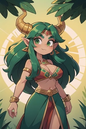 1 woman powerful Aztec dragon goddess of the sun, quetzalcoatl, red clothes with green details, green hair, golden eyes, long hair, loose hair, straight hair, golden horns, dragon tail, hapy face, big chest