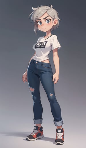 A beautifull rude girl, short grey hair, jeans autfit, full body, rude face